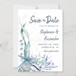 Convite Modern Beach Wedding Watercolor Blue Salvar a Data