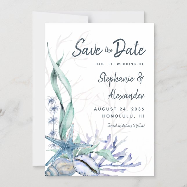 Convite Modern Beach Wedding Watercolor Blue Salvar a Data (Frente)