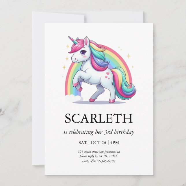 Convite Modern Cute Doodle Unicorn Stars Aniversár (Frente)