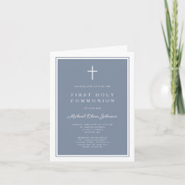 Convite Modern Dusty Blue Cross Boy First Holy Communion