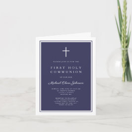 Convite Modern Navy Blue Cross Boy First Holy Communion