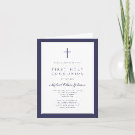 Convite Modern Navy Blue Cross Boy First Holy Communion