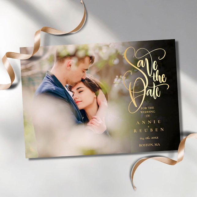Convite Modern Save the Date Elegant Dourado Script Photo (Criador carregado)