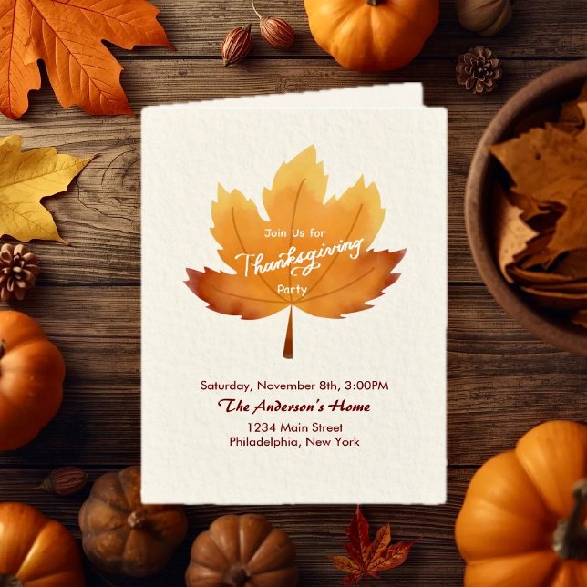 Convite Modern Watercolor Maple Thanksgiving Party Folded (Modern Watercolor Maple Thanksgiving Party Folded Invitation )