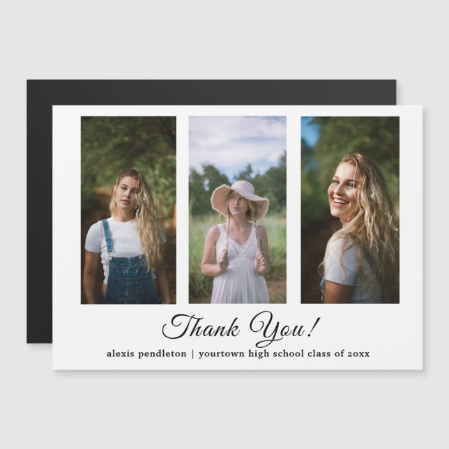 Convite Modern White 3 Photo Graduation Obrigado (Frente/Verso)