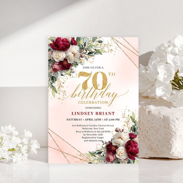 Convite Moderno Boho Borgonha Floral 70 Anos Jovem (Modern Boho Burgundy Floral 70 Years Young Invite)