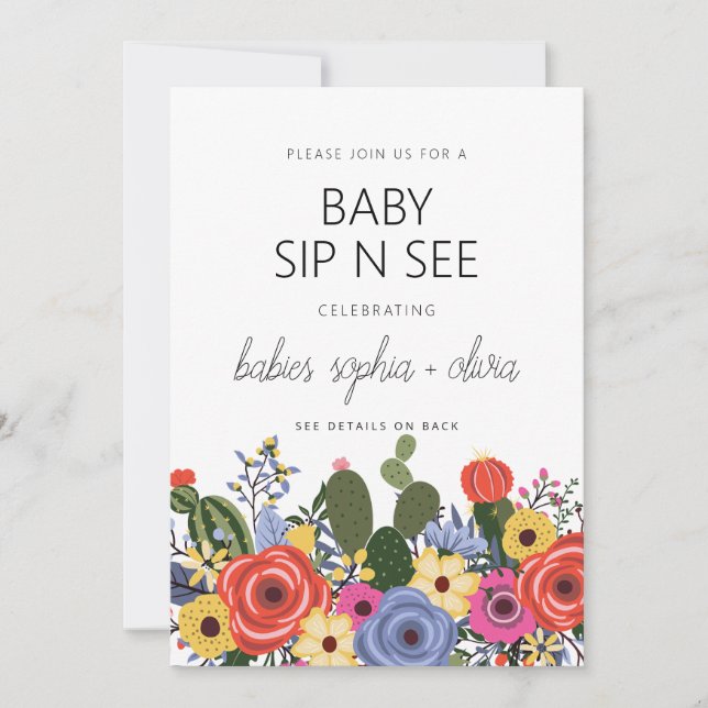 Convite Moderno Boho Floral para Gêmeos Baby Sip A (Frente)