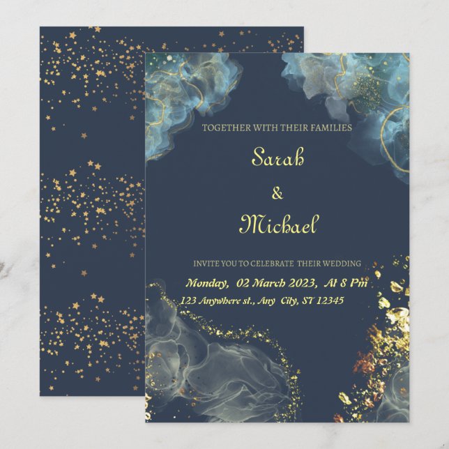 Convite Moderno de Casamento marinho Dourado (Frente/Verso)