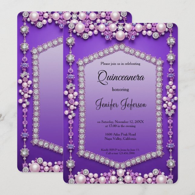 Convite Moderno de Pérolas Quinceanera (Frente/Verso)