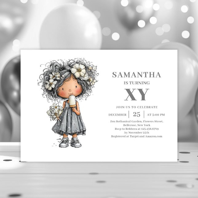 Convite Moderno Dourado Preto para Aniversário de  (Modern Whimsical Girl Birthday Gold Black invitation)