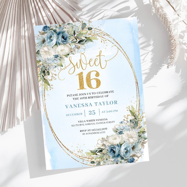 Convite Moderno Dusty Blue Floral Gold para Doze A (Modern Dusty Blue Floral Gold Sweet Sixteen Invitation)