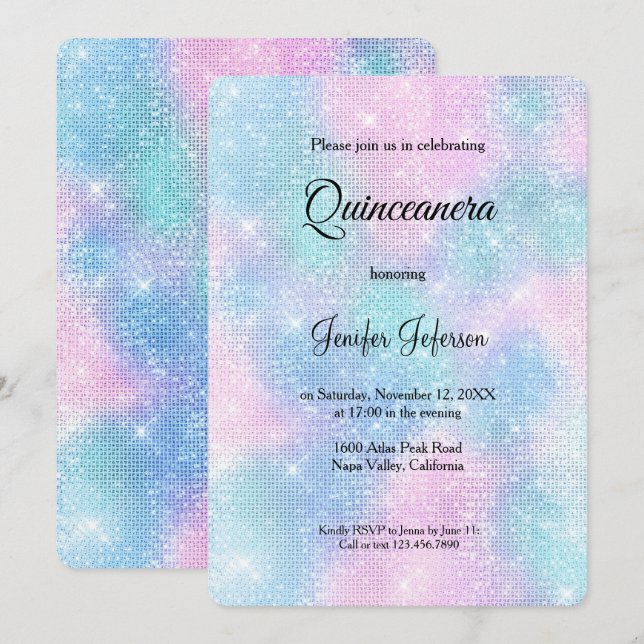 Convite moderno holográfico de Quinceanera (Frente/Verso)