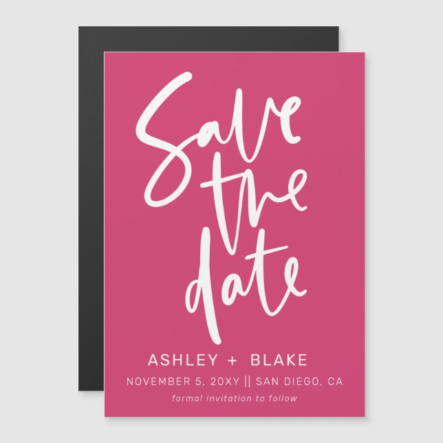 Convite Moderno manuscrito da Fuchsia Salvar a Data (Frente/Verso)