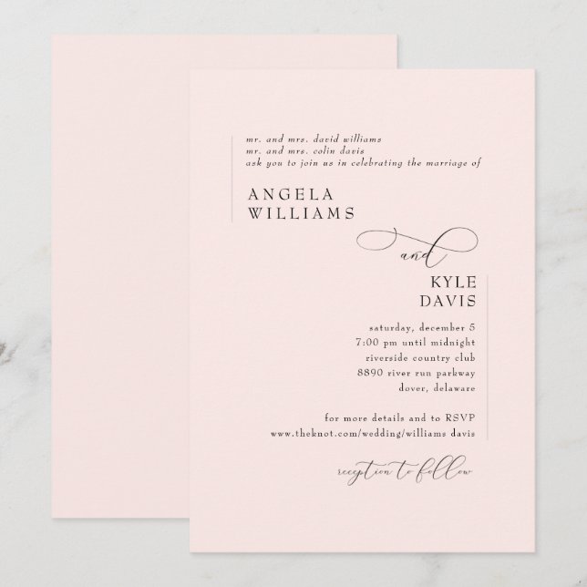 Convite Moderno para Casamento Cor-de-Rosa (Frente/Verso)