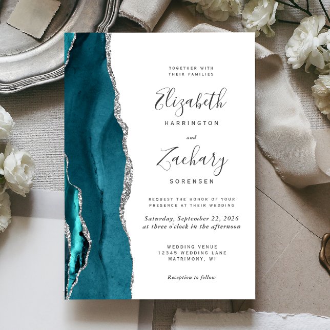 Convite Moderno para Casamento de Agata de Teal Si (The perfect choice for a teal and silver themed wedding.)