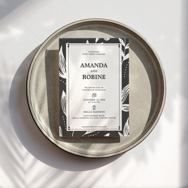 Convite Moderno para Casamento de Folha Branca e N (Criador carregado)