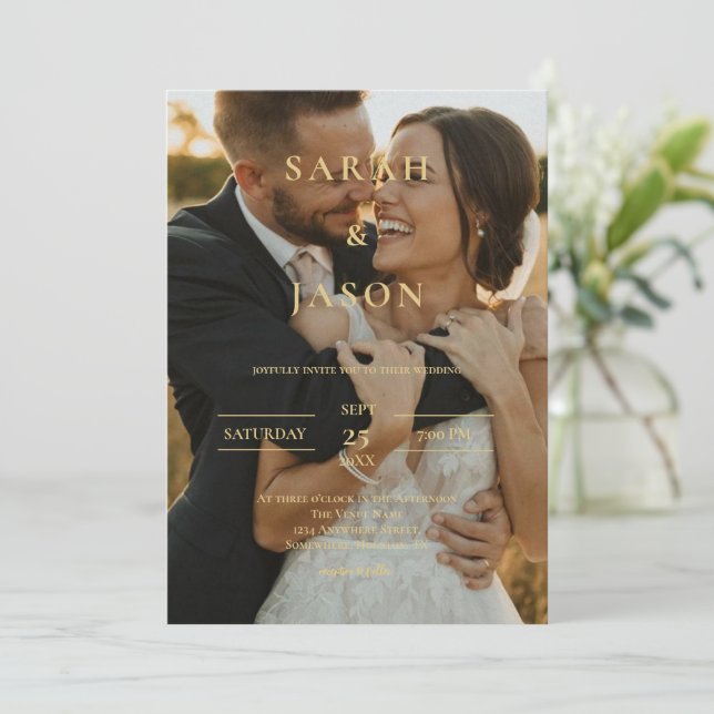Convite Moderno para Casamento de Fotos Elegante (Em pé/Frente)