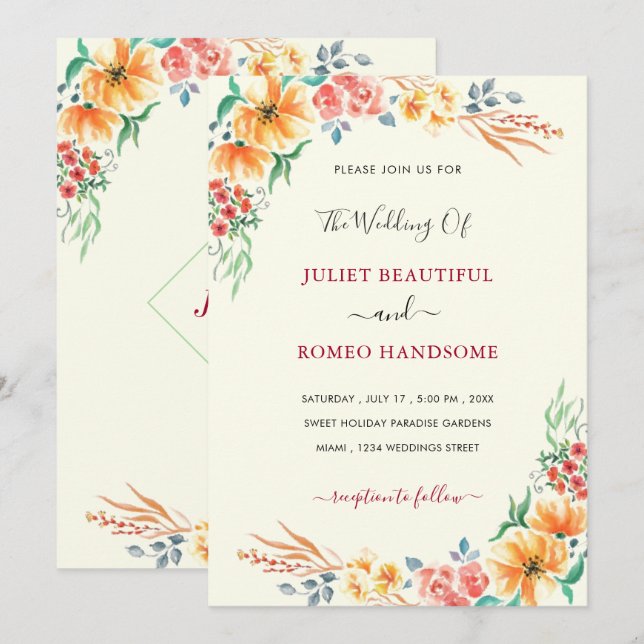 Convite Moderno para Casamento de Watercolor (Frente/Verso)