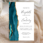 Convite Moderno para Casamento Dourado de Teal de<br><div class="desc">A borda esquerda deste elegante convite de casamento moderno apresenta uma coloração aquosa lacrimogênea aparada com uma falsa brilha de ouro. O texto personalizável combina manuscrito,  copperplate e fontes itálicas em cinzas de carvão em um fundo branco. O verso apresenta um design de chaleira e de agata dourada.</div>