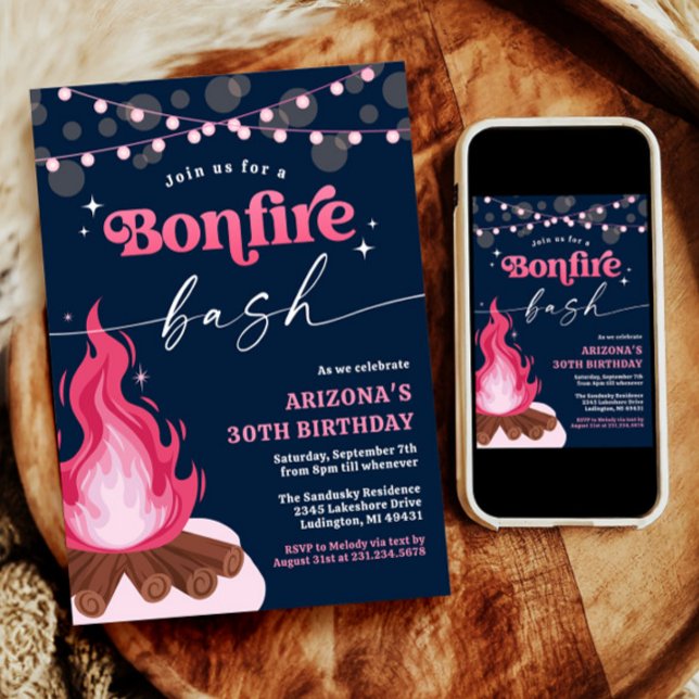 Convite Moderno Rosa Bonfire, Bacia Bonfire (Pink Birthday Backyard Bonfire Invitation)