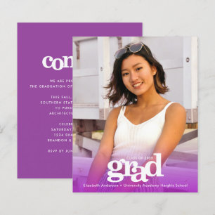 Convite moderno roxo de formatura com foto orçamen