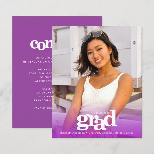Convite moderno roxo de formatura com foto orçamen (Frente/Verso)