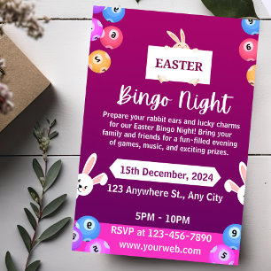 Convite Moderno Roxo e Branco para Noite de Bingo 