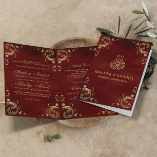 Convite Moldura Dourada Antiga Casamento Islâmico Vermelho