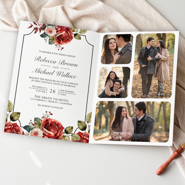 Convite Moldura Floral de Rosas Vermelhas Código QR de Fot (Criador carregado)