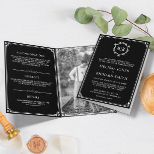 Convite Monograma de Casamento Clássico e Elegante em Pret
