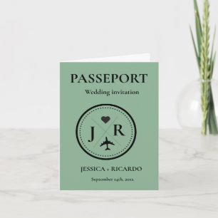 Convite Monograma Sage Passaporte Verde Destino Casamento