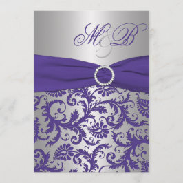 Convite Monogrammed do damasco roxo e de prata