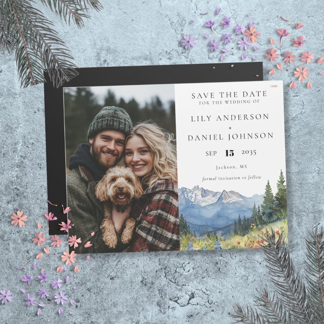 Convite Montanha Floral Foto: Casamento Salve A Data (Mountain Floral Photo Wedding Save The Date Magnetic Invitation)