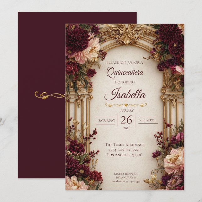 Convite Moody Floral Gótico Quinceanera (Frente/Verso)