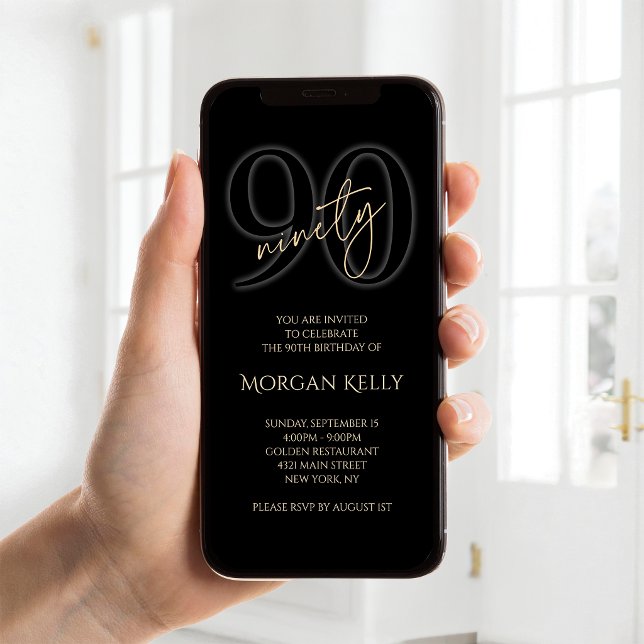 Convite Móvel de 90 Anos do Ouro Negro Moderno (Modern Black Gold 90th Birthday Mobile Invite)