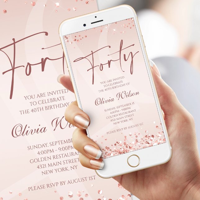 Convite Móvel de Aniversário de 50 anos Rose Gold  (Elegant Pink Rose Gold 40th Birthday Mobile Invitation)