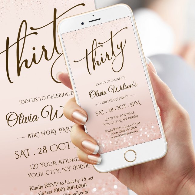 Convite Móvel Eletrônico Rosa Dourado para 30º Ani (Electronic Rose Gold 30th Birthday Mobile Invite)
