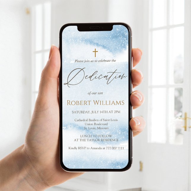 Convite Móvel Personalizado para Dedicação de Bebê (Blue Watercolor Baby Boy Dedication Mobile Invite)
