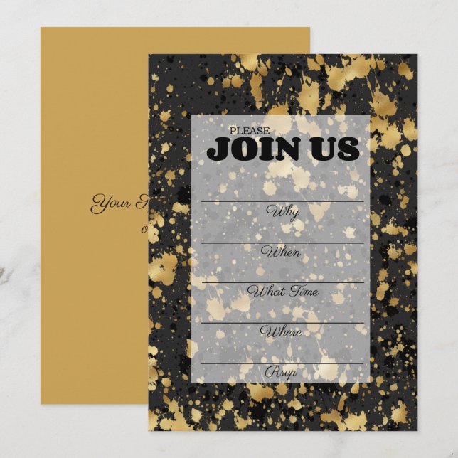 Convite Multiuso Preenchível Preto e Dourado (Frente/Verso)
