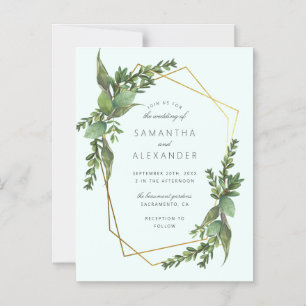Convite Na moda Greenery Mint e Dourado Casamento Geométri