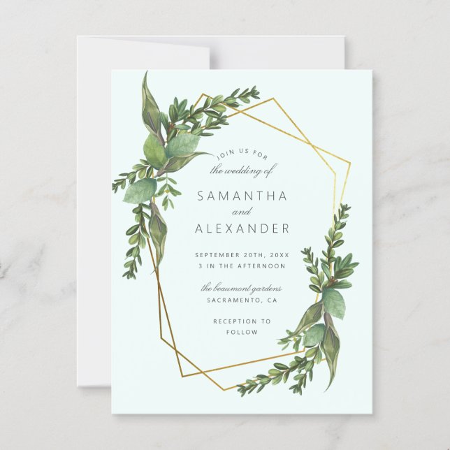 Convite Na moda Greenery Mint e Dourado Casamento Geométri (Frente)