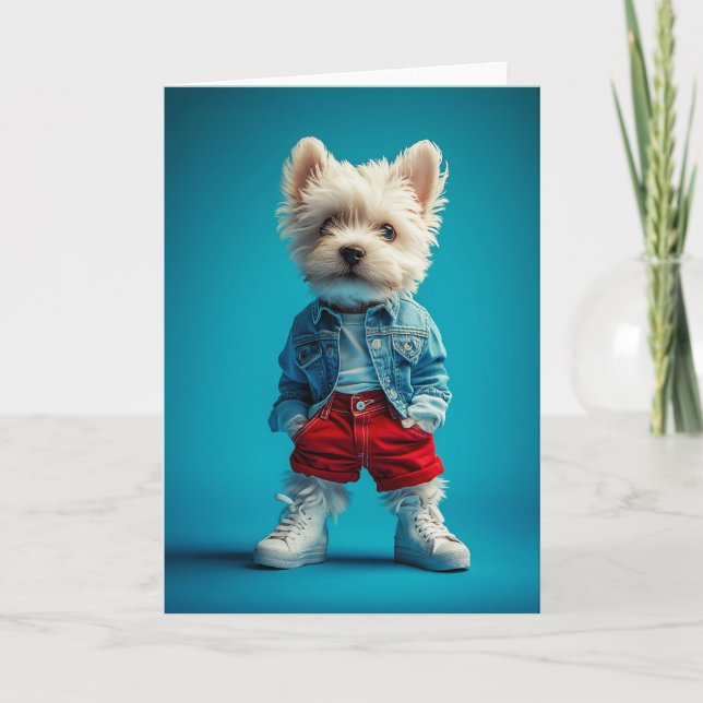 Convite Na moda Westie Pup em Denim e Sneakers (Frente)