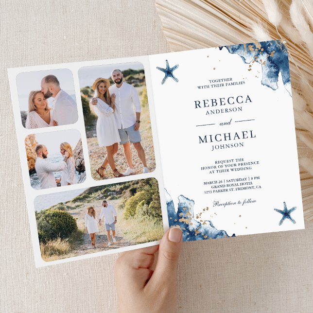 Convite Nautical Navy Starfish All in One QR Code Wedding (Criador carregado)