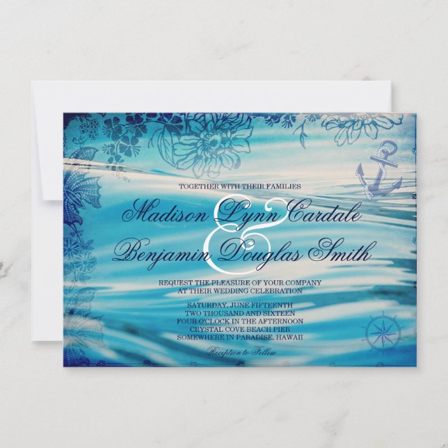Convite Náutico para Casamento Azul Oceano de Tema (Frente)