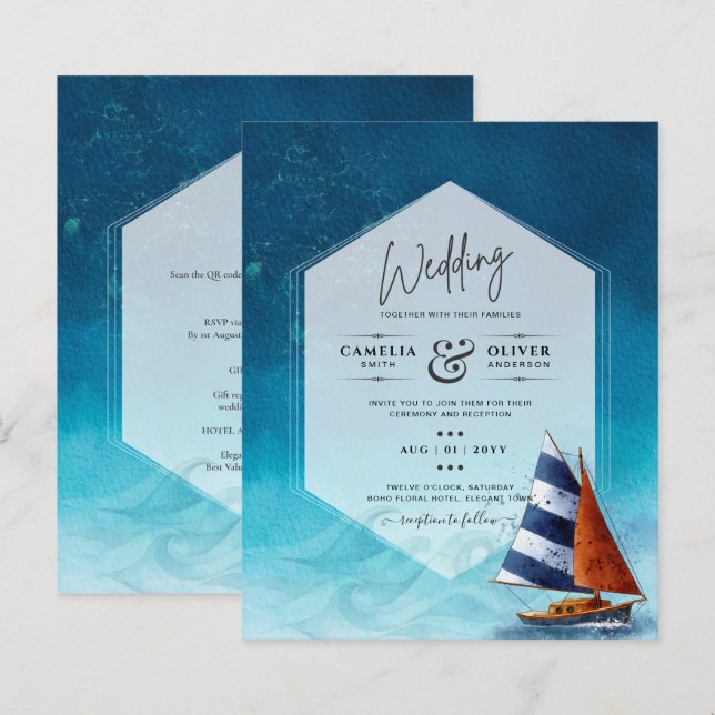 Convite Náutico para Casamento com Barco à Navegaç (Frente/Verso)
