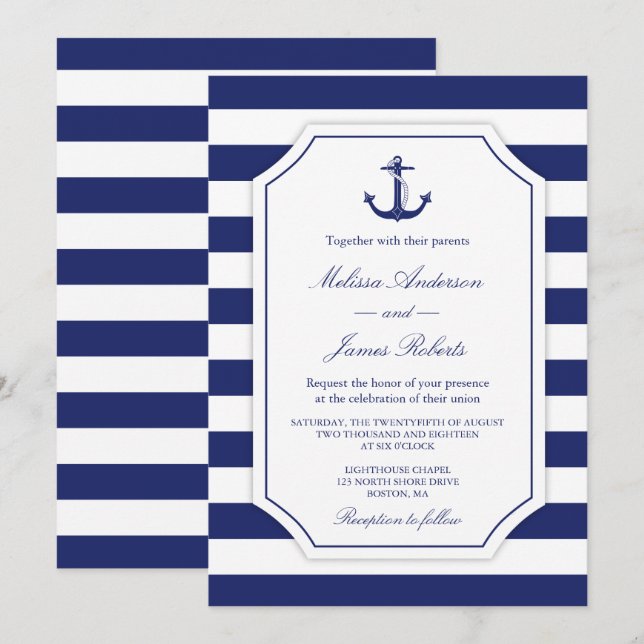 Convite Náutico para Casamento de Stripe de Marinh (Frente/Verso)