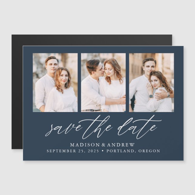 Convite Navy Elegant Script 3 Colagem de Fotos Salve a Dat (Frente/Verso)