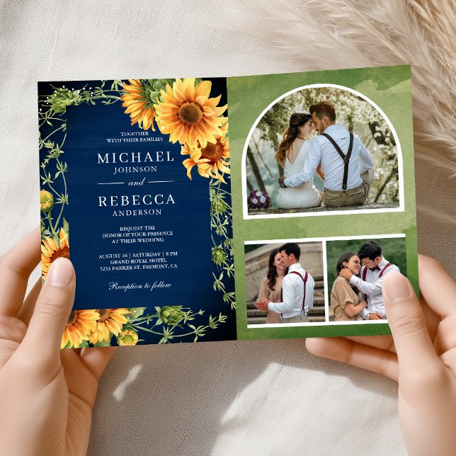 Convite Navy Wood Sunflowers Photo Arch QR Code Wedding (Criador carregado)