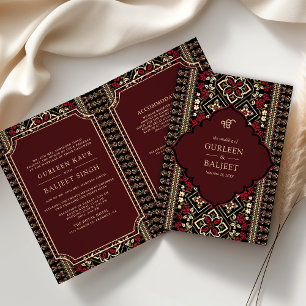 Convite Negra Maroon Red Ikat Tudo em Um Casamento Sikh