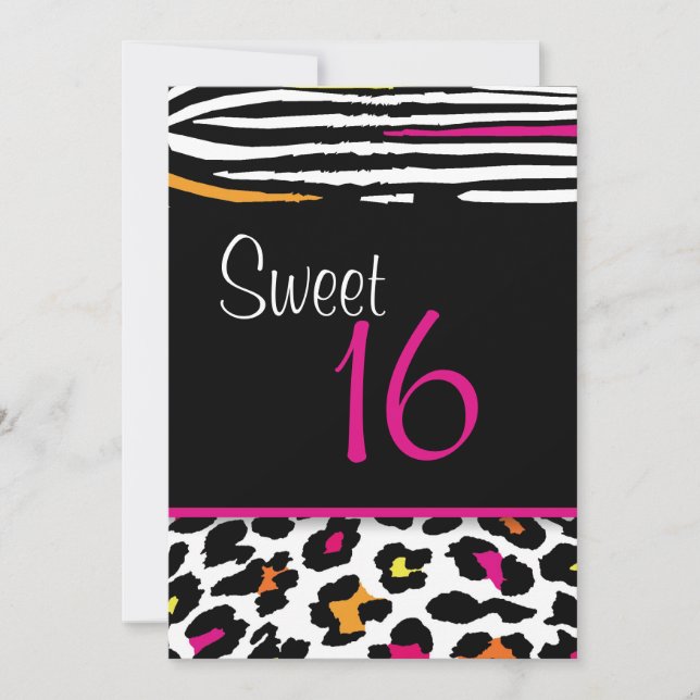 Convite Neon Animal Print Sweet 16 (Frente)